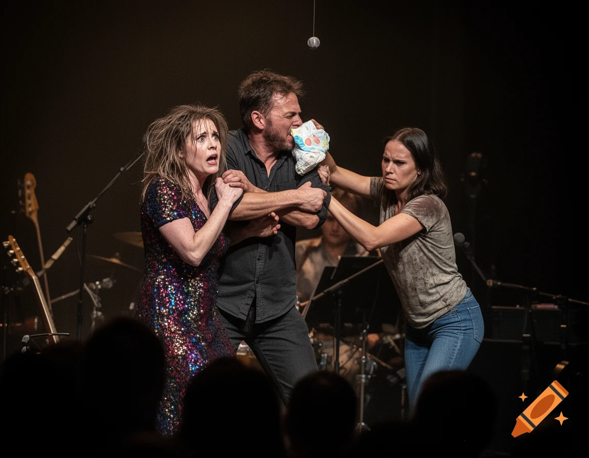 Three actors on a dark stage perform a dramatic scene, with one woman forcing a dirty diaper into a screaming man's mouth.