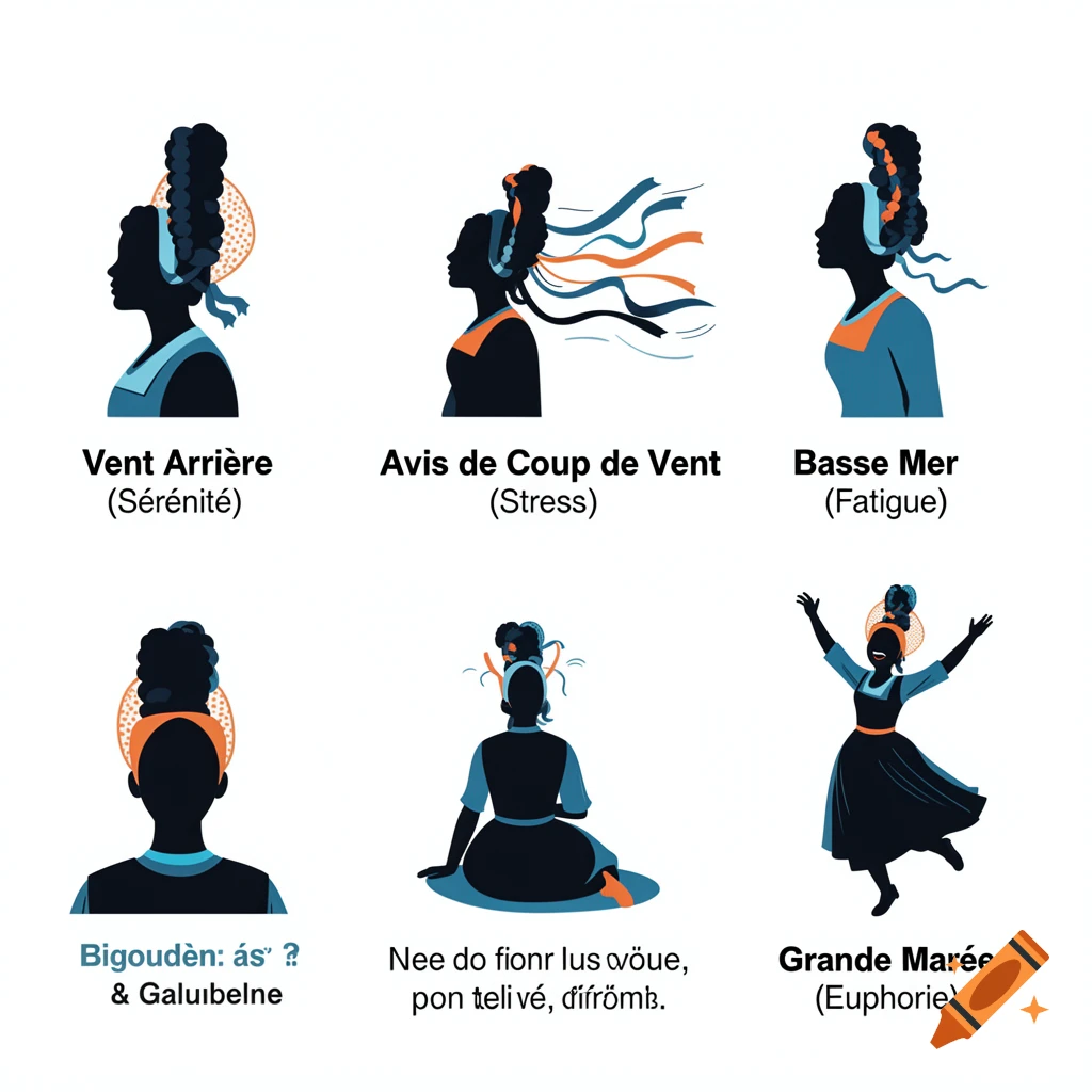 Six minimalist illustrations of women in profile or full figure, showing different hairstyles and postures to represent moods, with French text labels like 'Vent Arrière (Sérénité)' and 'Grande Marée (Euphorie)'.