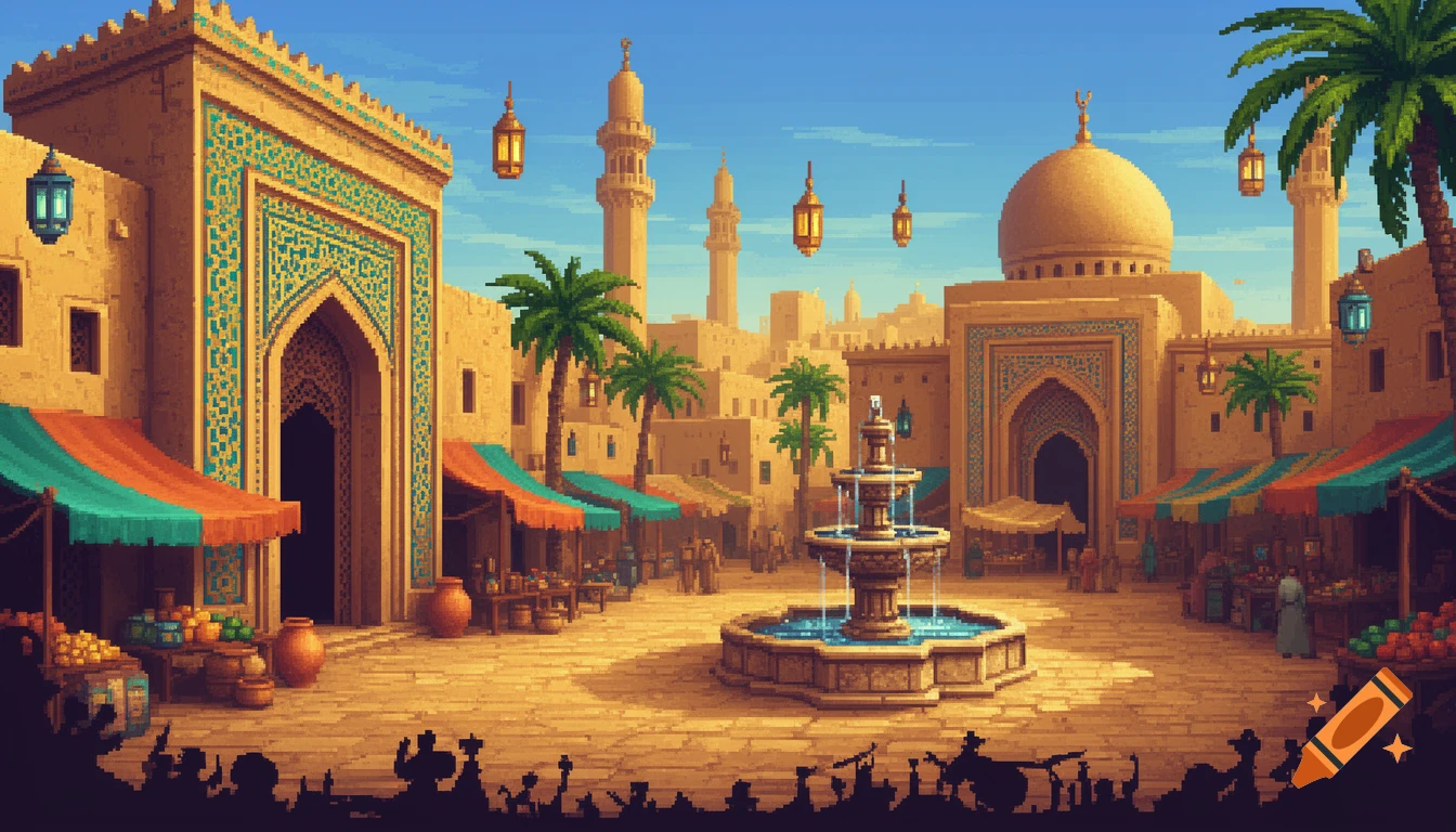 Pixel art of an ancient Middle Eastern town square with a central fountain, market stalls, sandstone buildings, minarets, and palm trees.