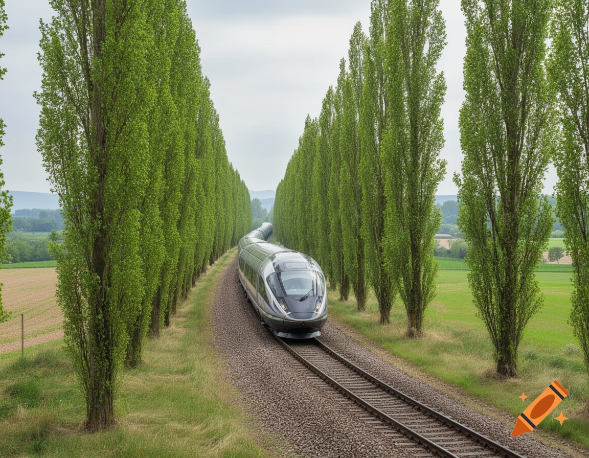 A sleek, modern train curves along a railway track lined with tall, slender green trees on both sides, set against a cloudy sky and green fields.