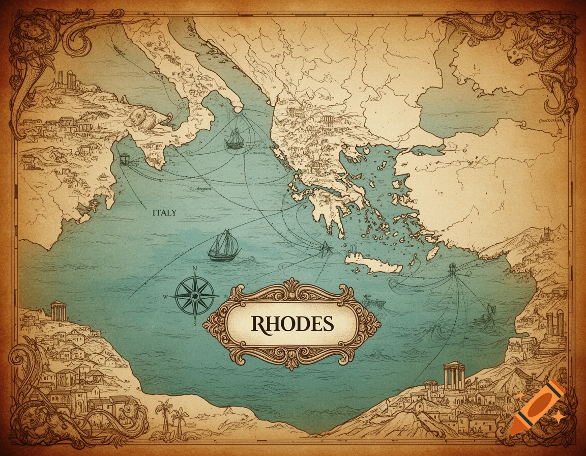 An antique-style map of the Mediterranean region, centered on Greece and Italy, with an ornate frame. "RHODES" is highlighted in a decorative label, and "ITALY" is also marked.