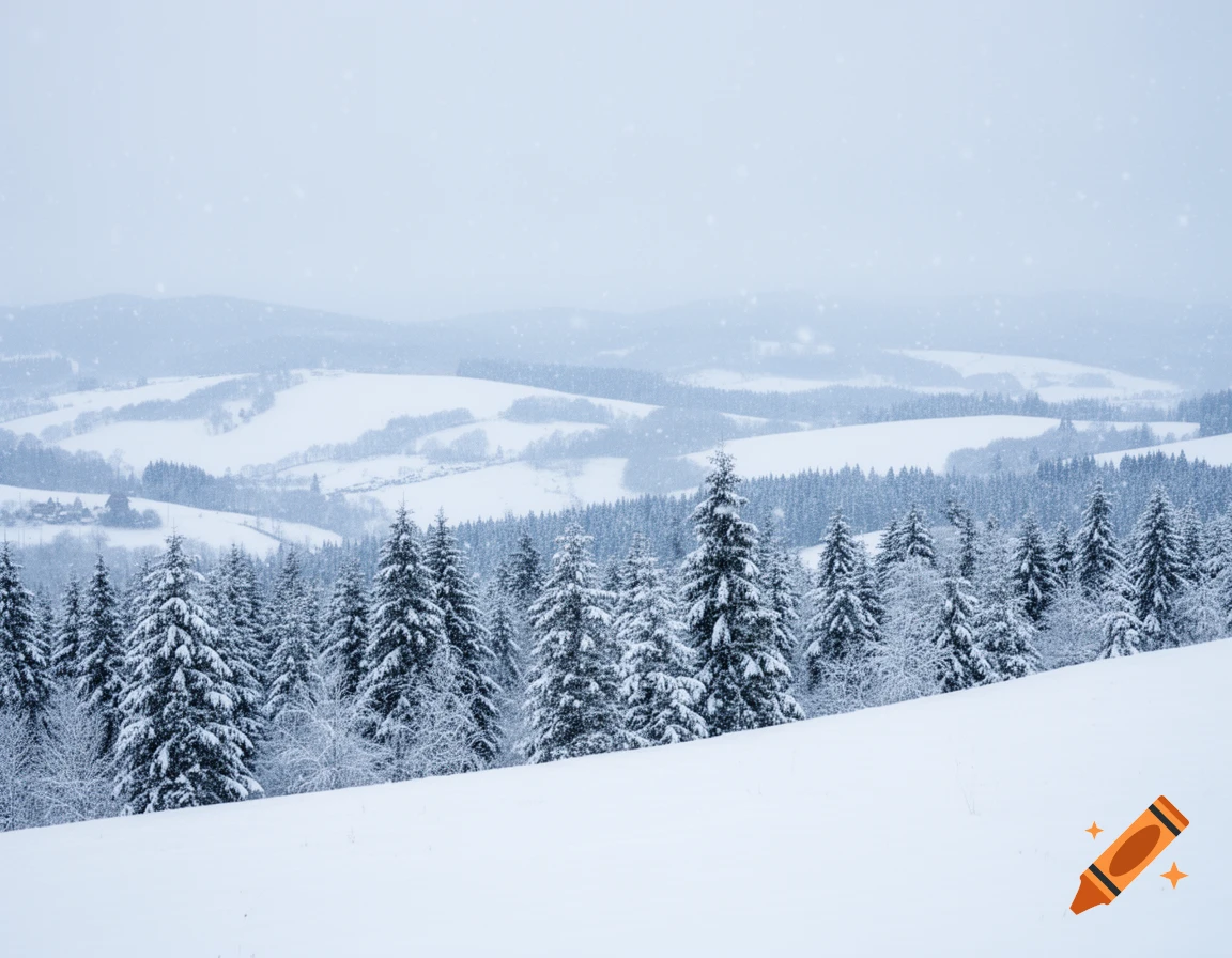 A wide winter landscape view showing snow-covered evergreen trees and ...