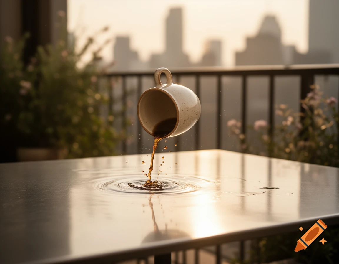 A coffee cup floats above a table on a balcony, spilling coffee onto the surface, with a blurred city skyline at sunset.