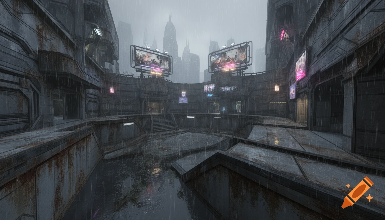 Rainy, dark futuristic cityscape with an arena, tall buildings, and glowing neon billboards, in a video game art style.