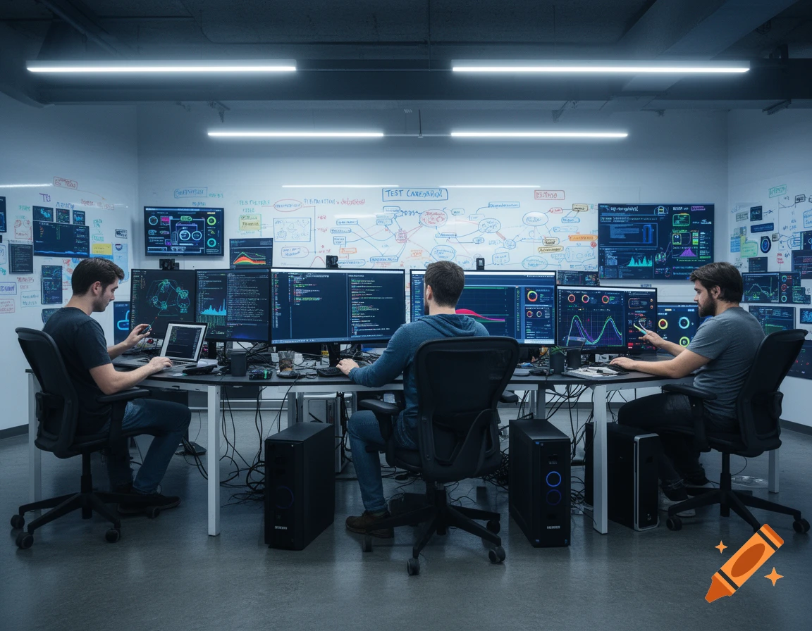 Three programmers intently work at a desk with multiple monitors displaying code and data, with a whiteboard behind them.