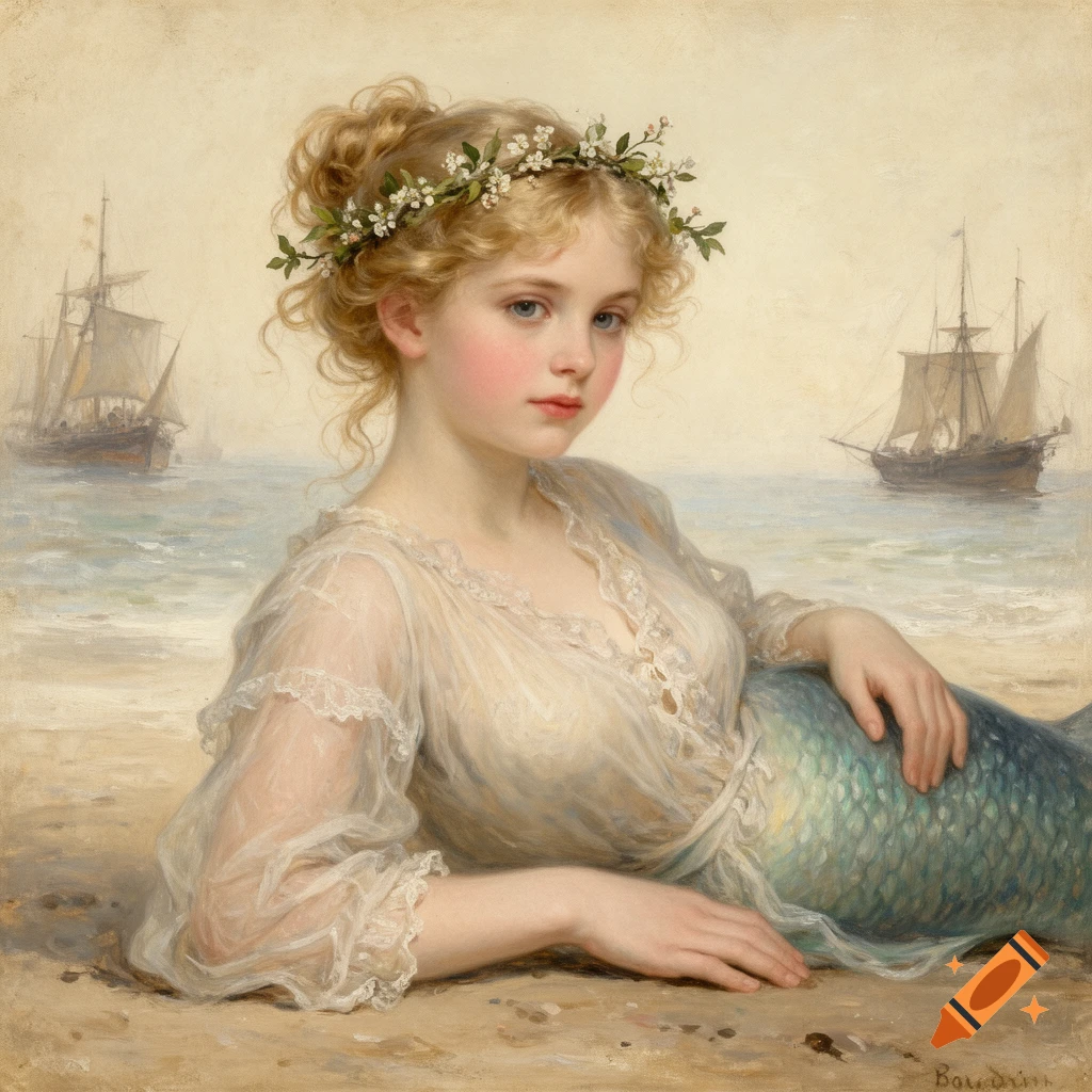Impressionist painting of a young blonde mermaid with a flower wreath, lying on a beach with sailing boats in the distance.