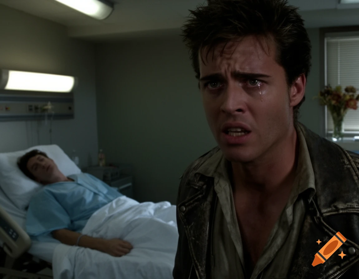 A distraught man with tears on his face looks forward while another man lies unconscious in a hospital bed in the background, in a photorealistic style.