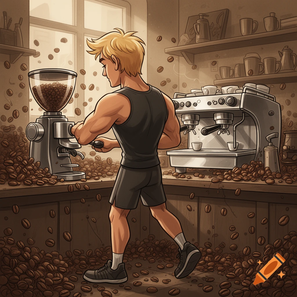 Cartoon of a muscular man in a tank top grinding coffee in a messy kitchen with scattered beans and an espresso machine.