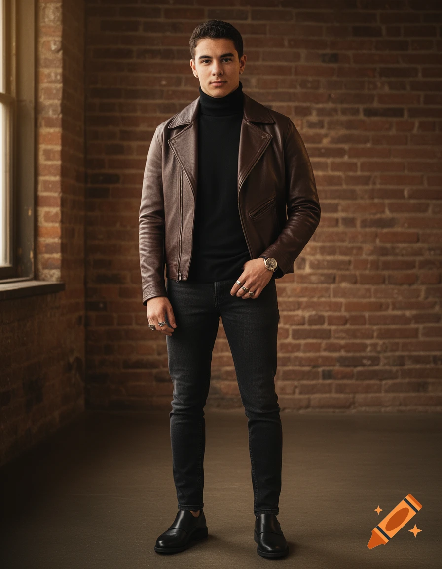 A man in a brown leather jacket, black turtleneck, and black jeans stands in front of a brick wall, looking at the viewer.