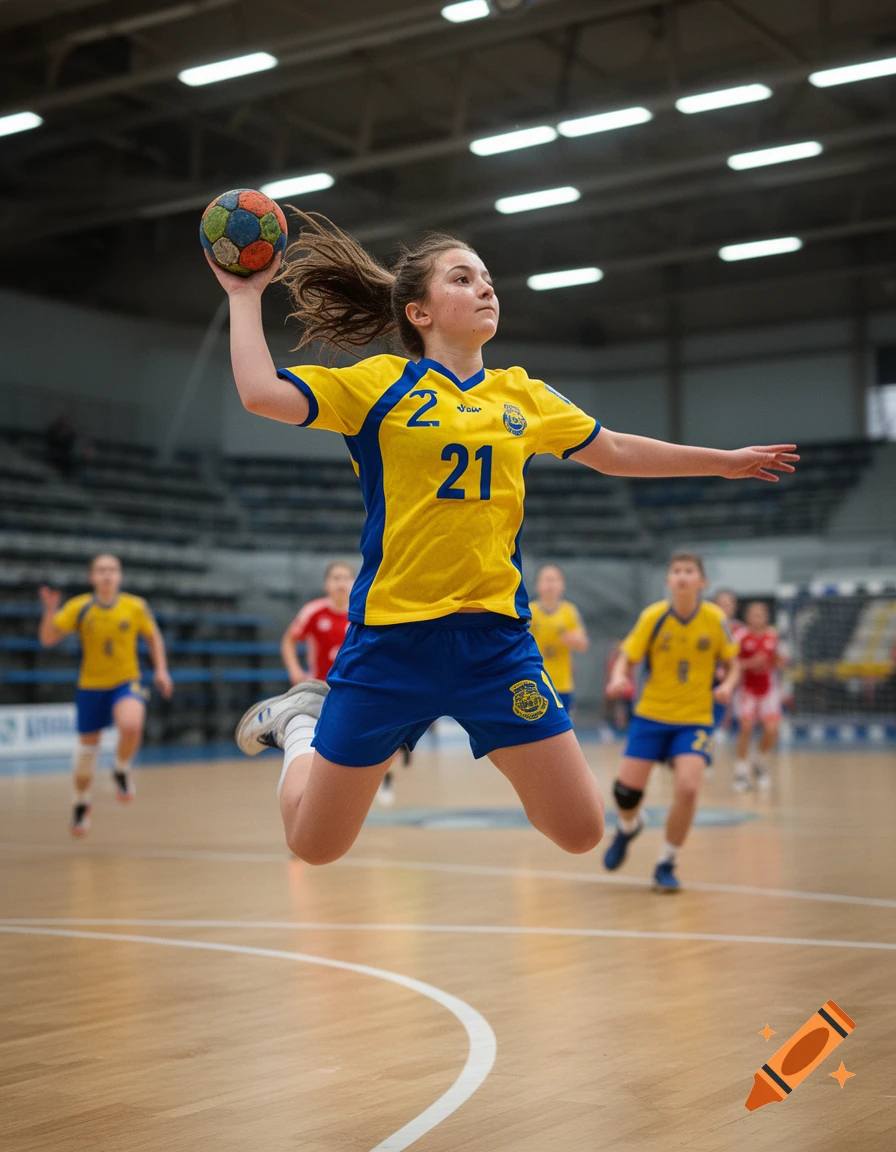A young female handball player in a yellow and blue uniform, numbered 21, jumps to throw a multi-colored ball on an indoor court.