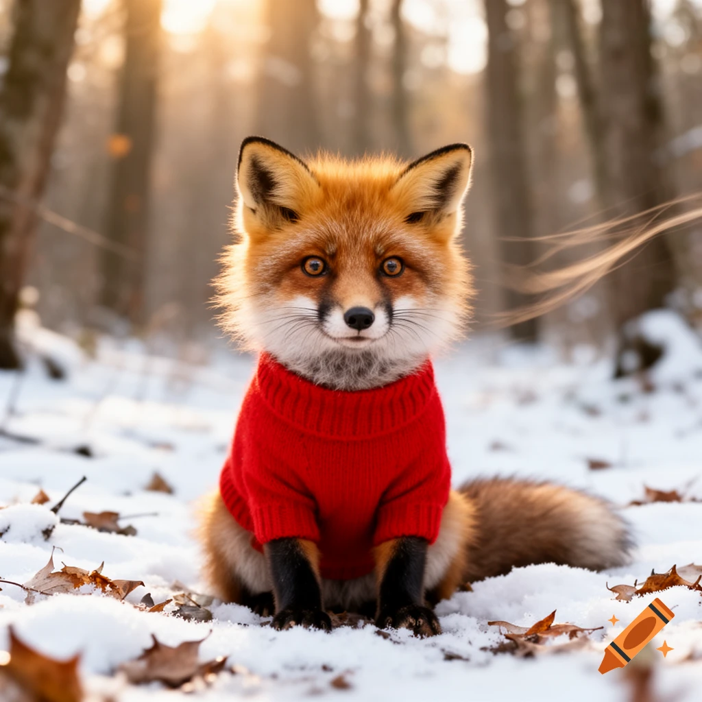 A cute fox in a red sweater sits in a snowy forest with sunlight filtering through trees.
