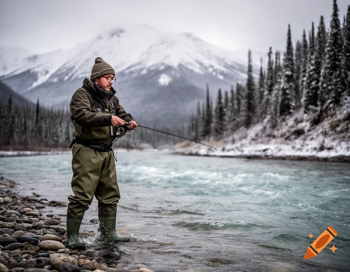 A man in a beanie and glasses fly fishing in a cold, clear river surrounded by snow-covered mountains and pine forests.