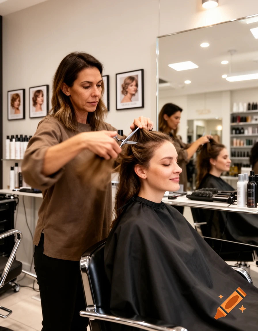 A hairstylist cuts a young woman's hair in a salon, surrounded by hair care products.