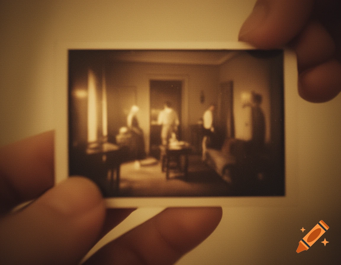 A hand holds a blurry, sepia-toned vintage photo of a dimly lit room with several indistinct figures.