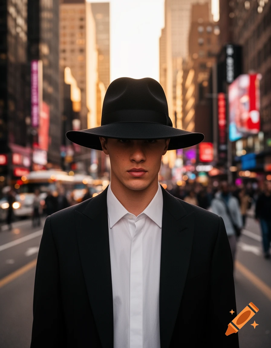 A man in a black suit and wide-brimmed black hat stands on a busy city ...