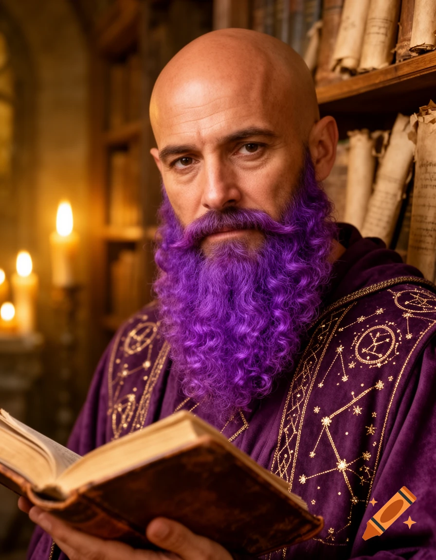 Photorealistic portrait of a bald wizard with a vibrant purple beard, wearing a purple robe with gold constellations, reading an old book in a dimly lit library.