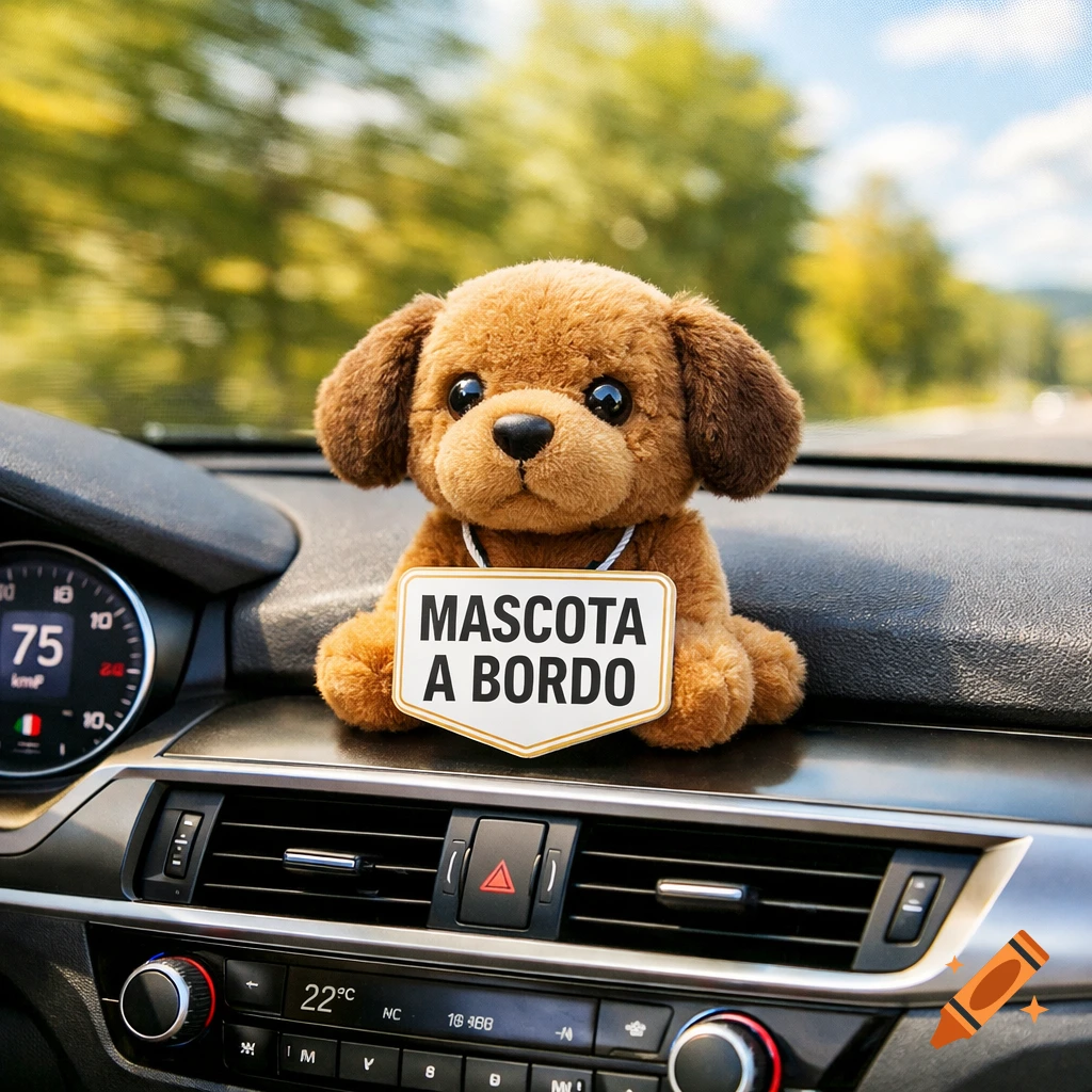 Brown stuffed puppy holding a 'Mascota a bordo' sign on a car dashboard, with a blurred road and trees in the background.