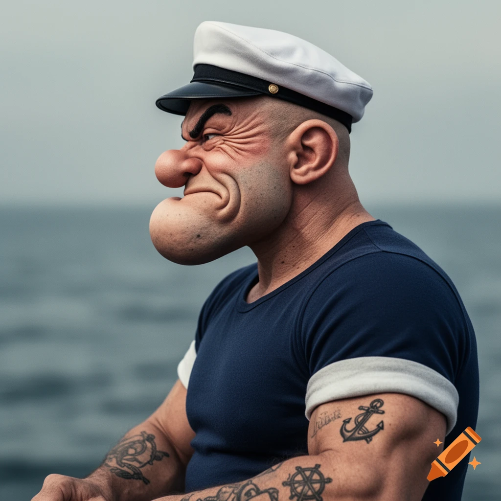 Side profile of a hyper-realistic, angry Popeye the Sailor Man in a white sailor cap, showing bicep tattoos, against a blurry ocean background.