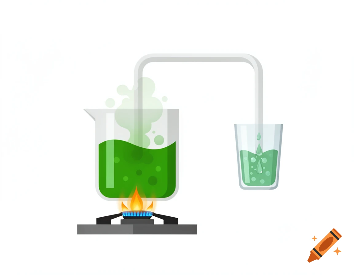 An illustration of a green liquid boiling in a beaker over a burner, with a tube leading to a second glass where it condenses.
