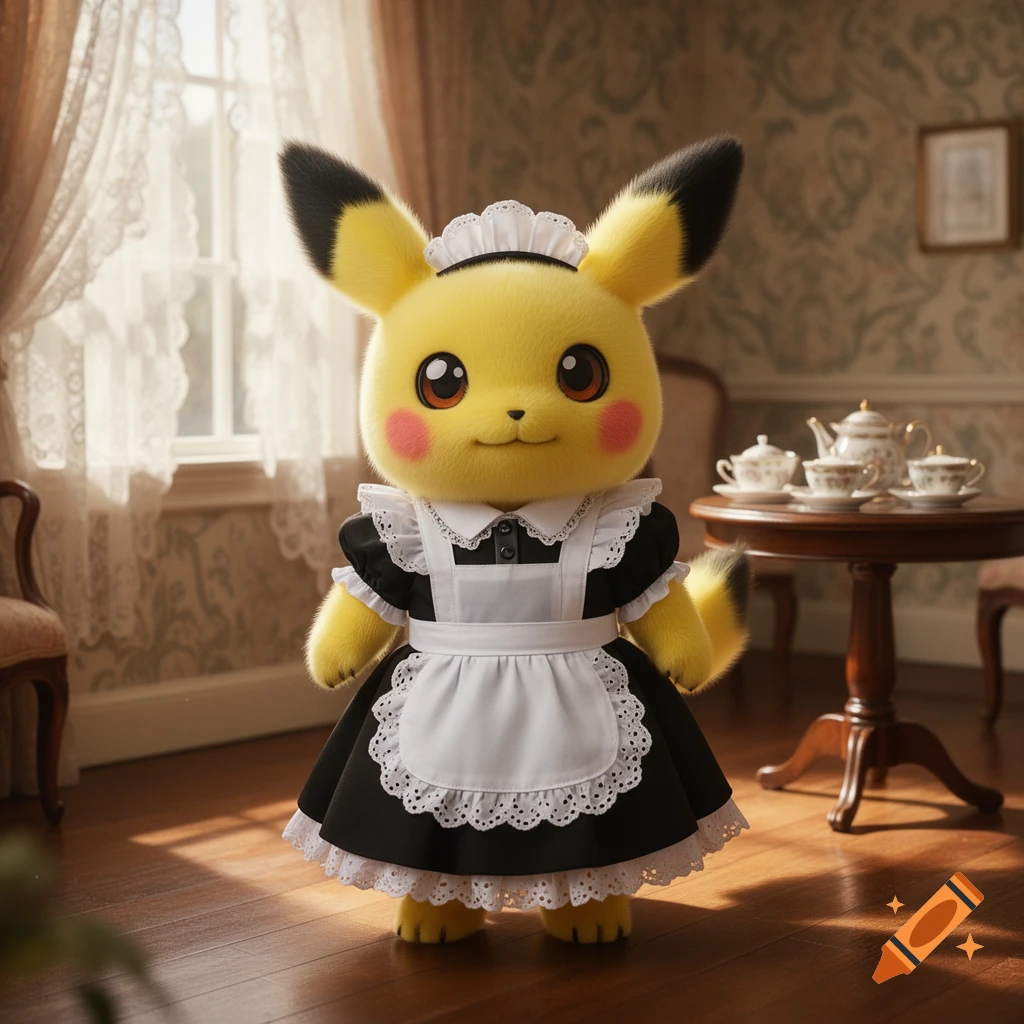 Photorealistic plush Pikachu in a black and white maid uniform standing in an elegant room with a tea set.