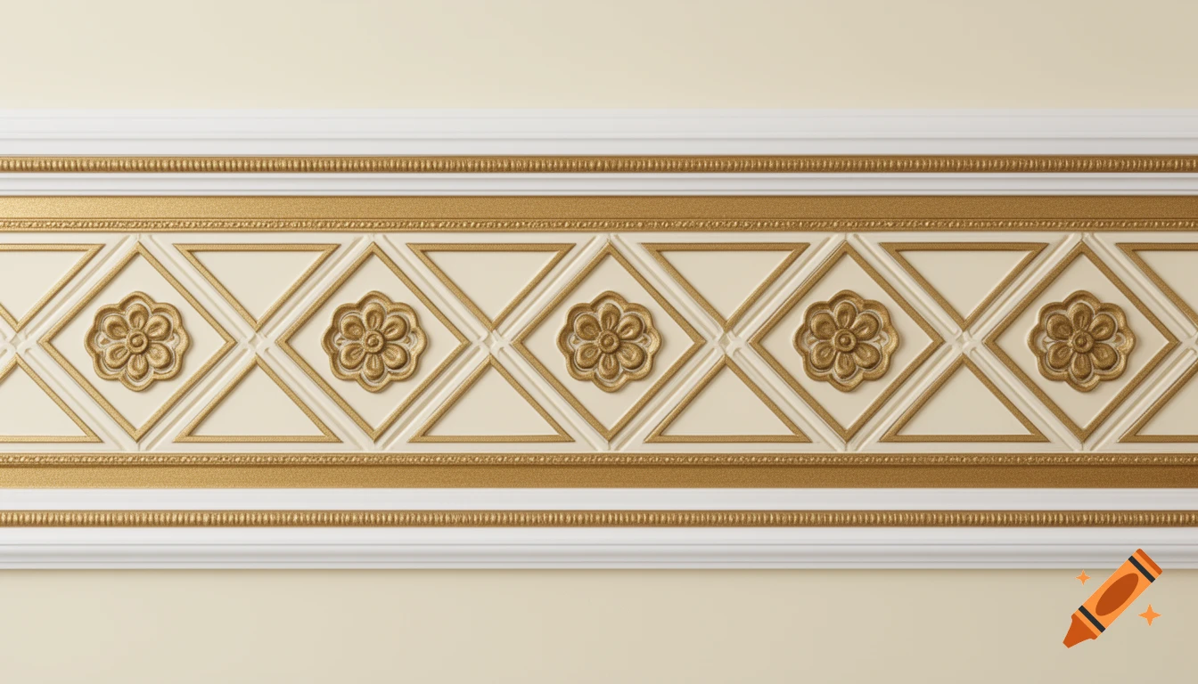 Photorealistic French light luxury wall molding with warm gold diamond grid and floral patterns on milk white and cream.