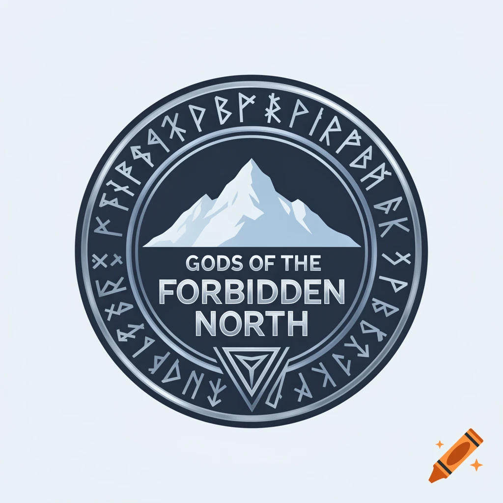 A circular logo with a silver border, dark blue background, white mountains, and text 'GODS OF THE FORBIDDEN NORTH'. Runes encircle the border and a triangular symbol is at the bottom.