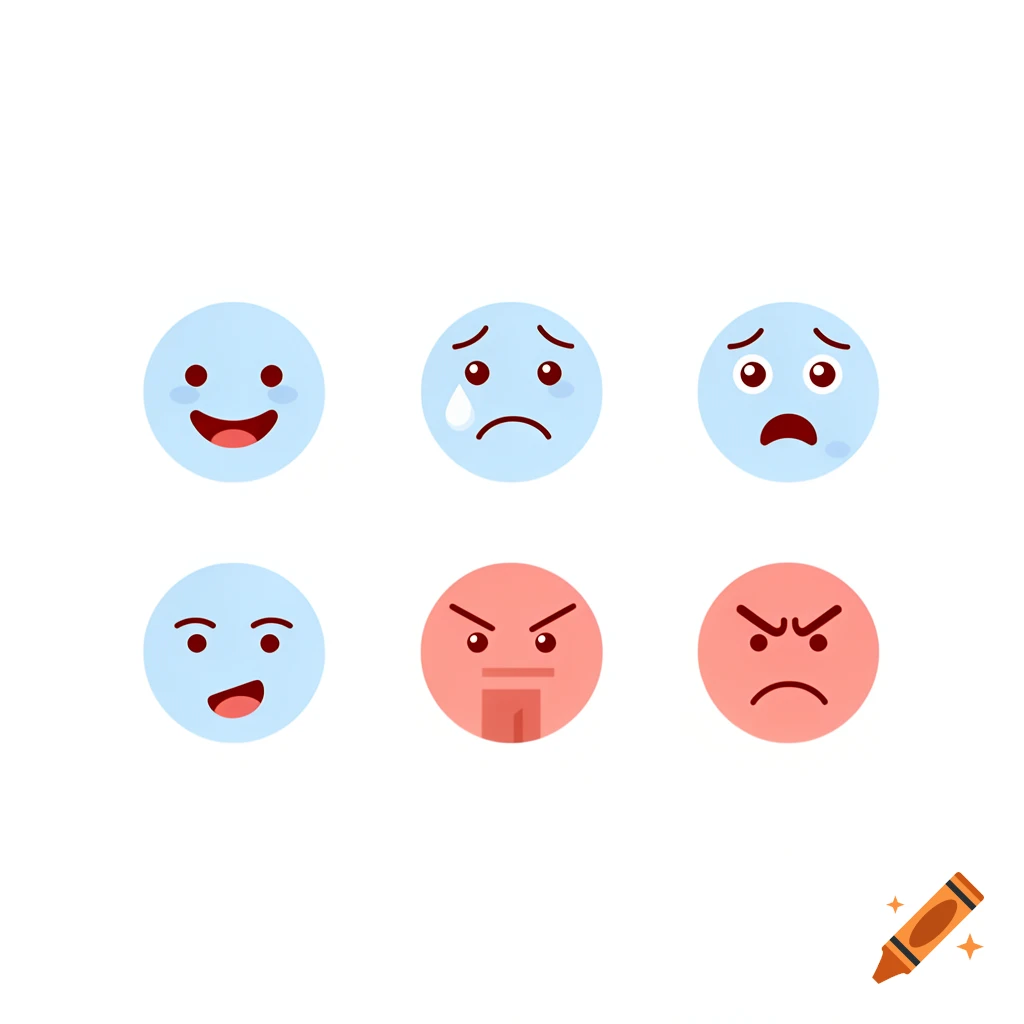 Six cartoon emoji faces expressing different emotions: happy, sad, worried, determined, and two angry faces.