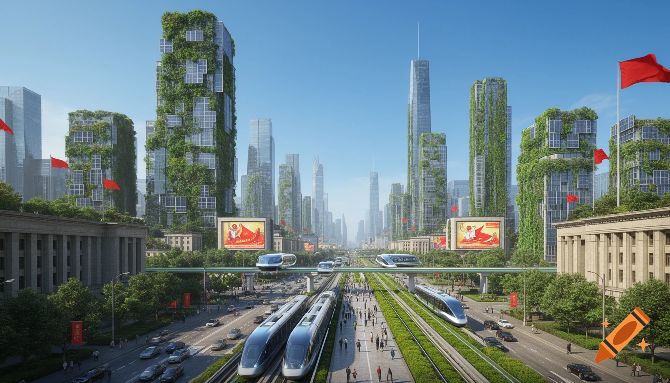 A futuristic ecological city with green skyscrapers covered in solar panels, street trains, flying vehicles, and propaganda posters under a blue sky.