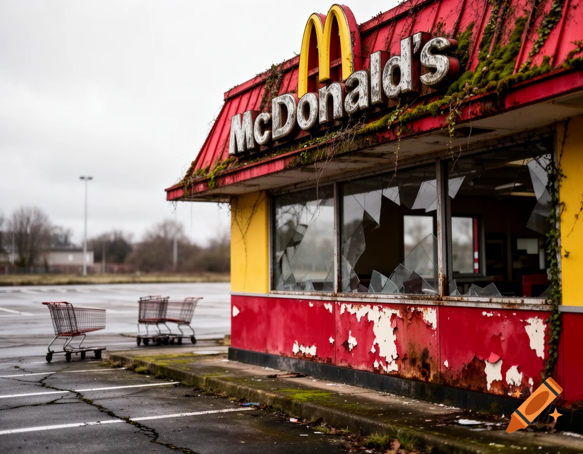 An abandoned McDonald's restaurant with broken windows, peeling paint, overgrown moss, and empty shopping carts in the cracked parking lot.