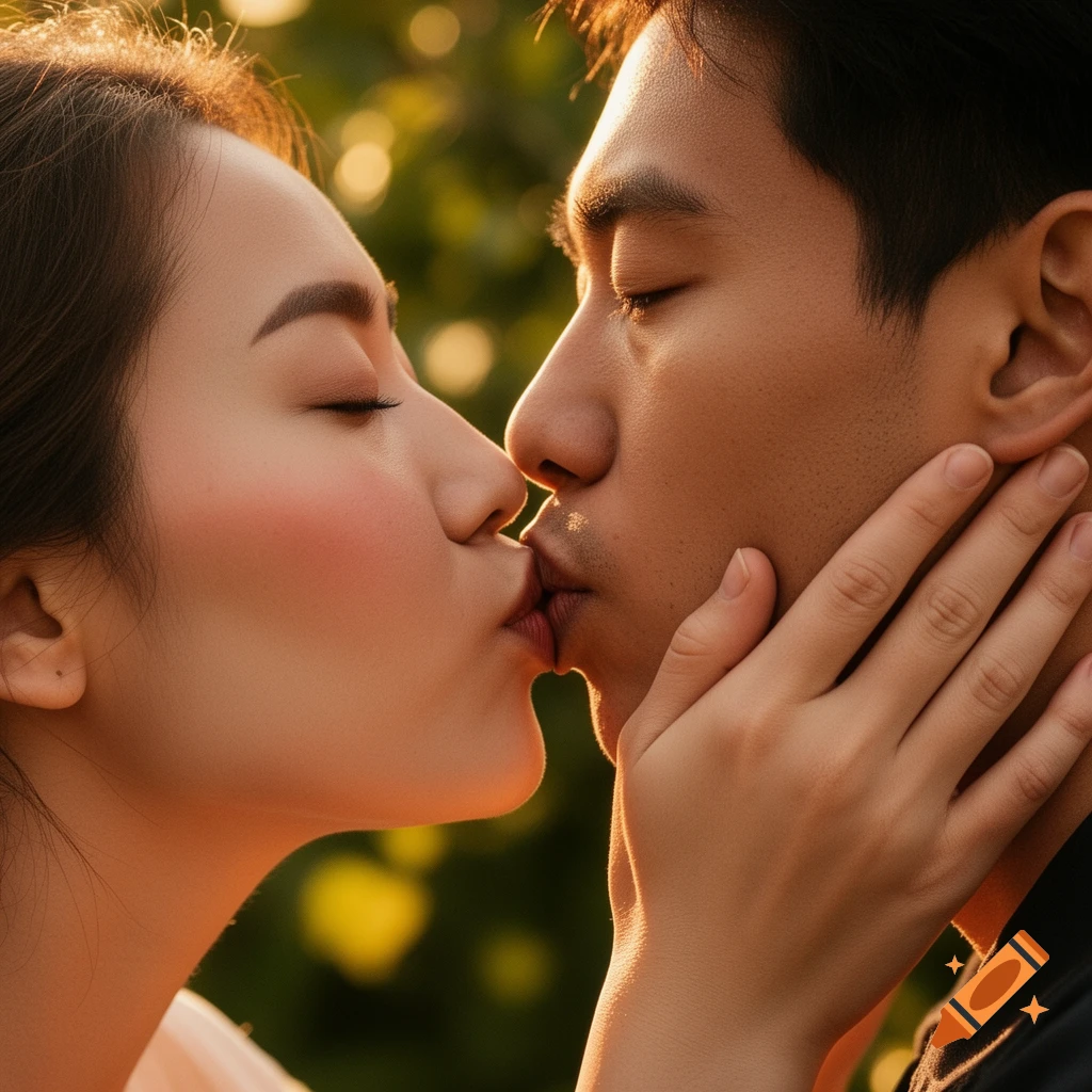 Close-up of an Asian couple kissing outdoors with warm, golden light during sunset.