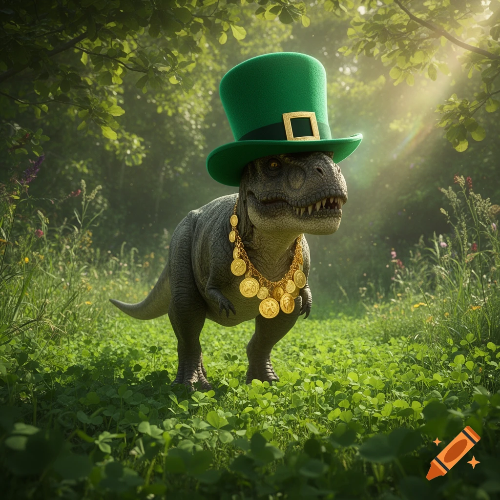 A realistic Tyrannosaurus Rex wearing a green leprechaun top hat and a gold coin necklace stands in a lush, clover-filled forest.