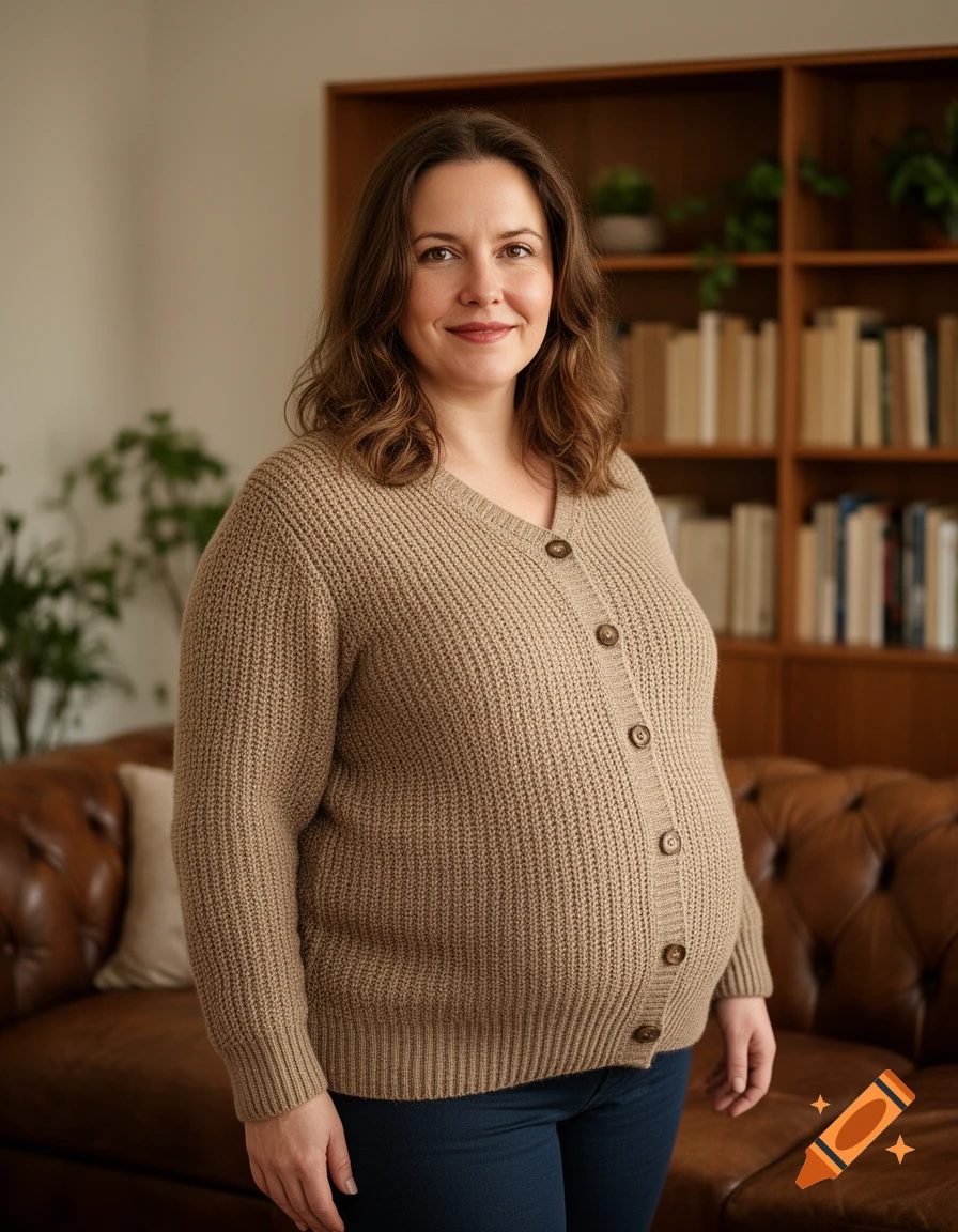 Photorealistic portrait of a smiling pregnant woman with brown hair, wearing a beige knitted cardigan, standing in a cozy living room.