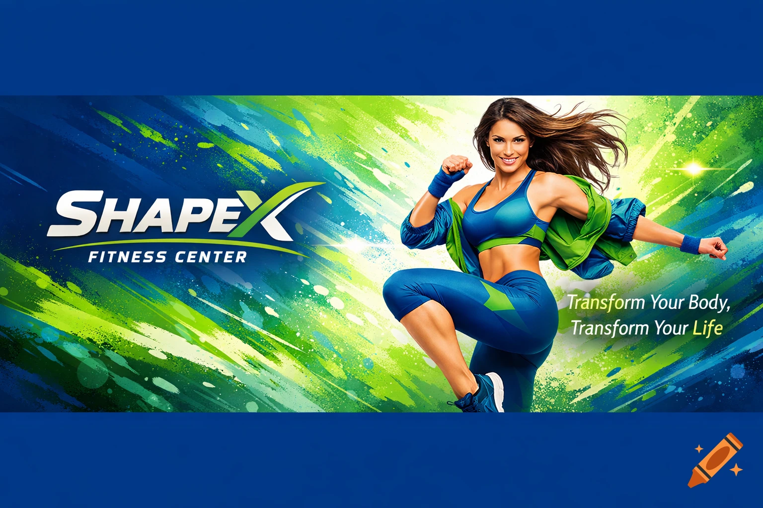 A fit woman in blue and green athletic wear poses energetically against a vibrant abstract background with 'SHAPEX FITNESS CENTER' and 'Transform Your Body, Transform Your Life'.