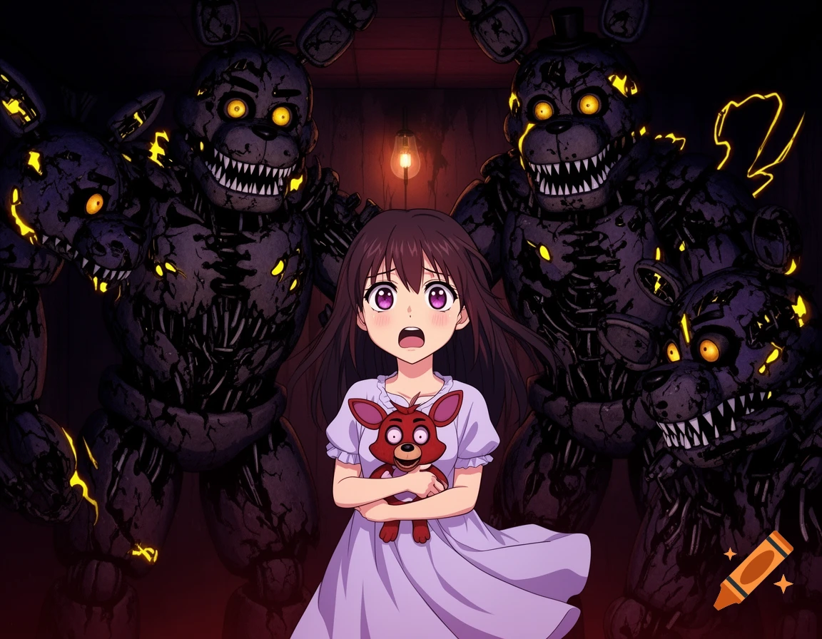 Scared anime girl holding a Foxy plush, surrounded by menacing Nightmare animatronics with glowing eyes in a dark room.