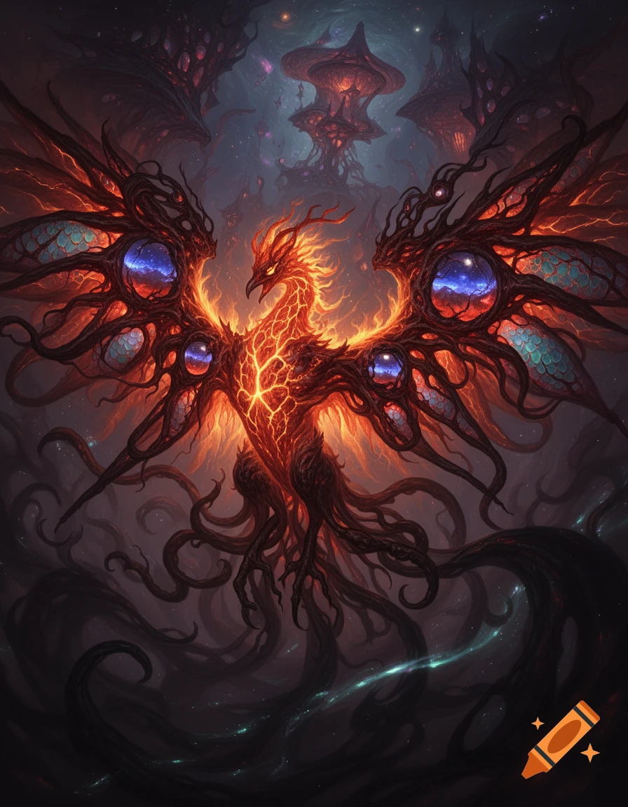 A fiery, monstrous phoenix with tendril-like limbs and wings featuring cosmic orbs, against a dark, alien cosmic landscape. Dark fantasy illustration.