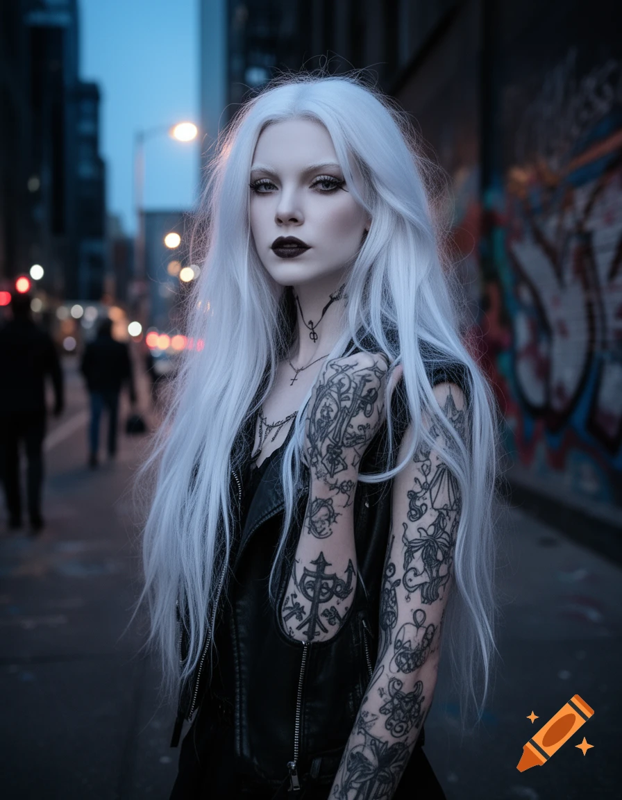 A goth woman with tattoos and long white hair, dark makeup, and a leather jacket stands in a city street at dusk.