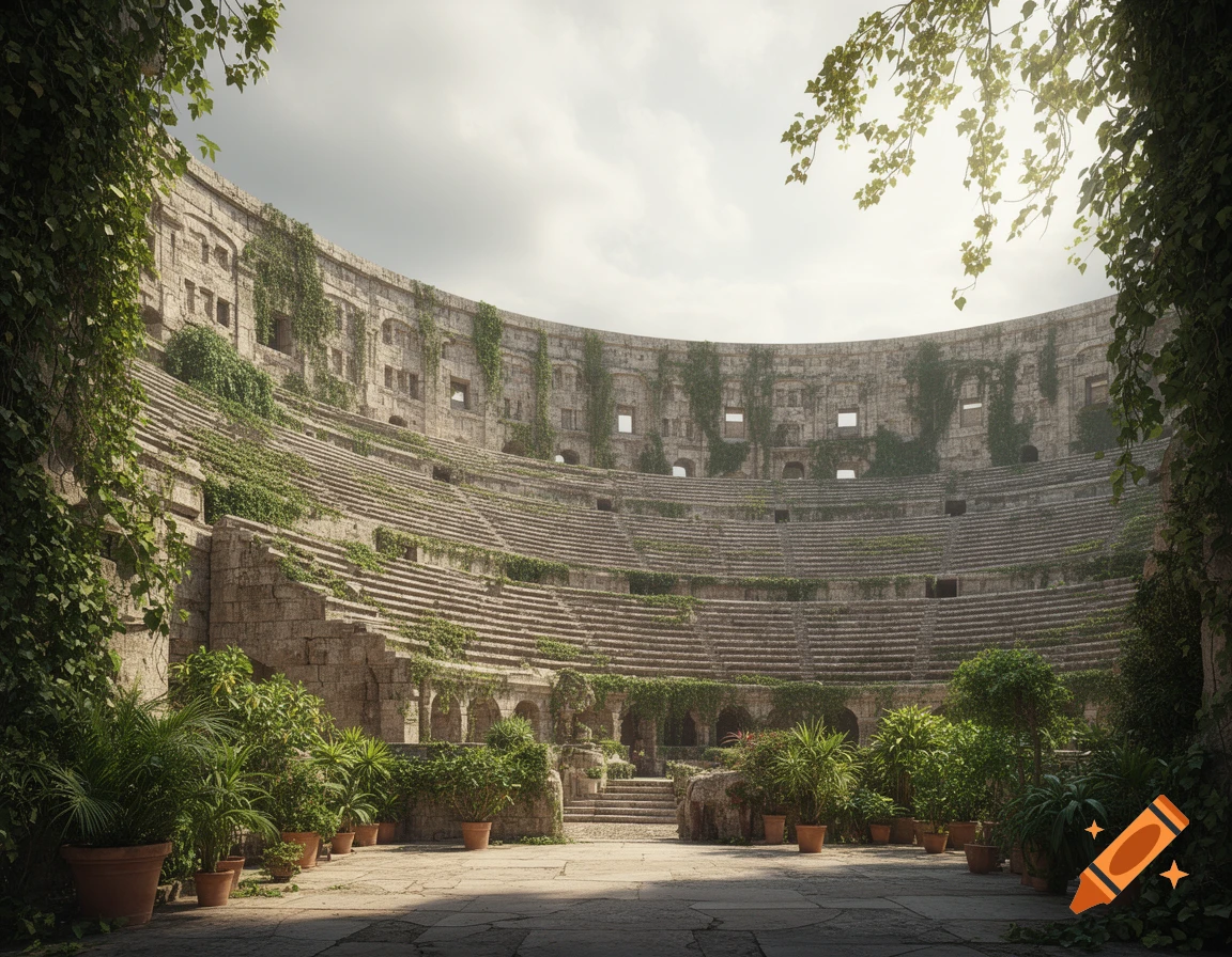 An ancient, crumbling stone colosseum, heavily overgrown with green vines and surrounded by potted plants under a cloudy sky.