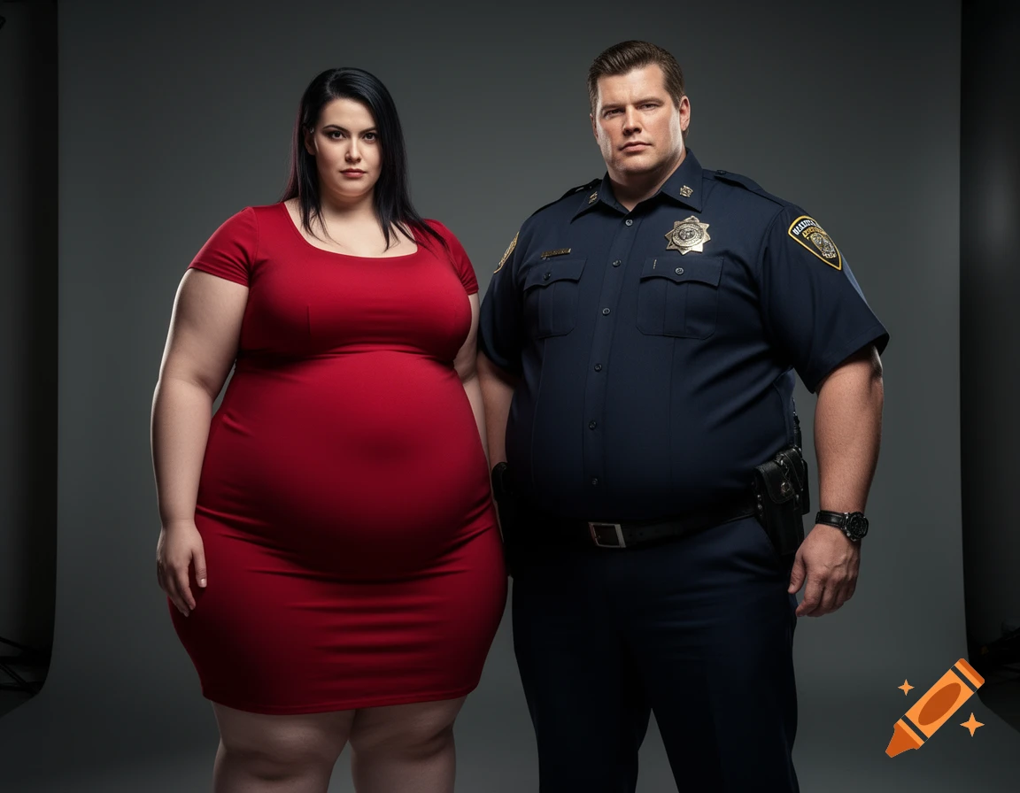 An obese woman in a red dress stands next to an obese police officer in a blue uniform, both looking seriously at the camera in a studio setting.