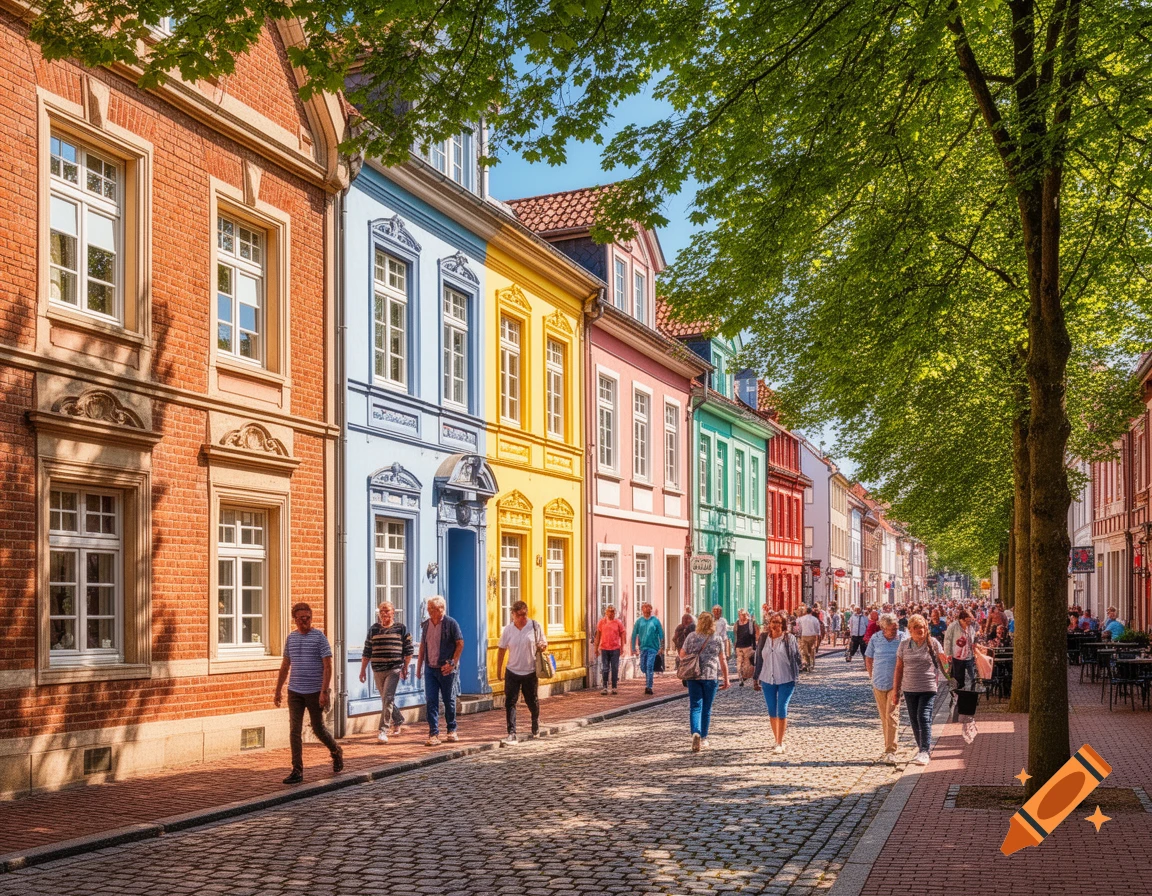 A picturesque, colorful street in a European town with people walking on cobblestones under leafy trees.