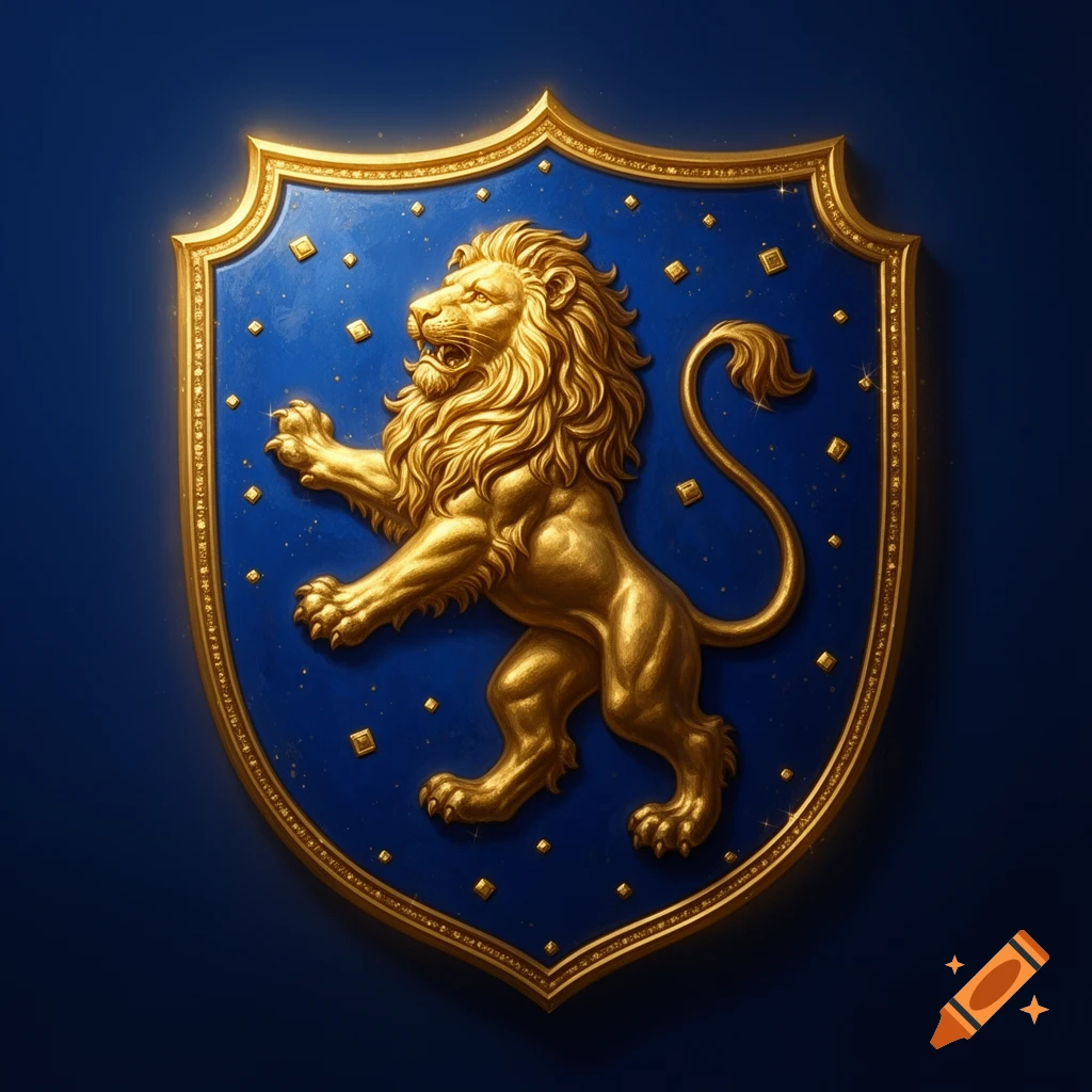 A golden lion rampant on a deep blue shield with small golden billets, in a heraldic style.
