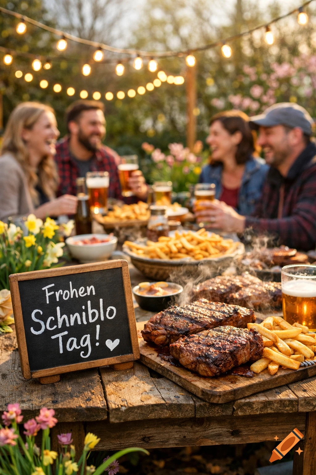 Photorealistic image of a BBQ party with grilled steaks, fries, and a sign saying 'Frohen Schniblo Tag!' on a wooden table.