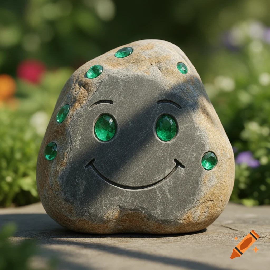 A friendly rock with emerald eyes and a carved smiley face sits on a stone surface in a garden.