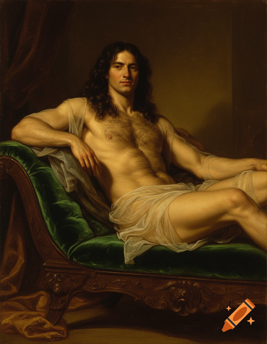 An oil painting of a confident man with long, dark wavy hair, reclining on an emerald velvet chaise-longue, draped in sheer cloth.