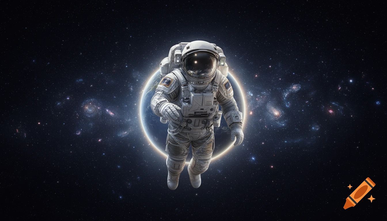 A photorealistic astronaut floats in deep space with a glowing planet and distant galaxies in the background.