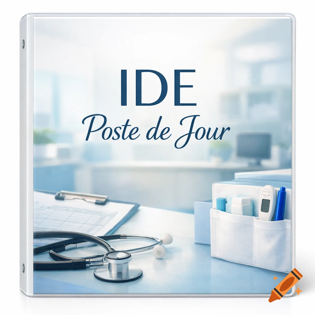 A white binder with 'IDE Poste de Jour' on its cover, alongside a stethoscope and medical supplies on a light blue desk in a blurred medical office.