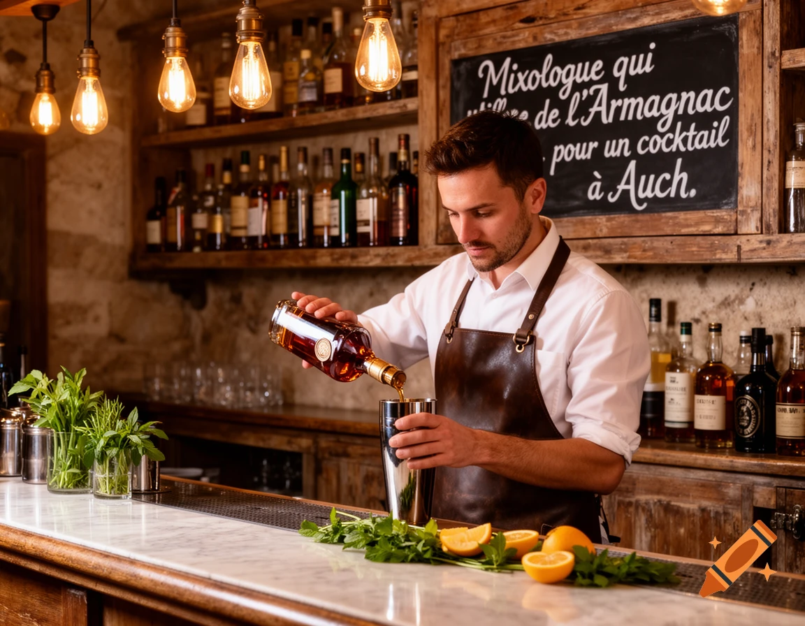 A male bartender in a brown apron pours liquid from a bottle into a shaker at a bar counter with mint and citrus.