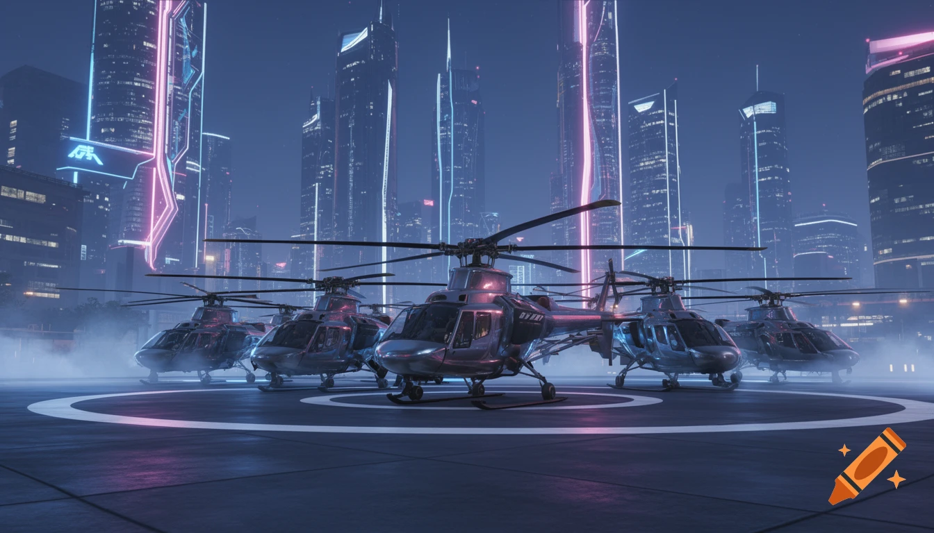 A fleet of modern helicopters parked on a helipad in a futuristic city at night, illuminated by soft neon lights.