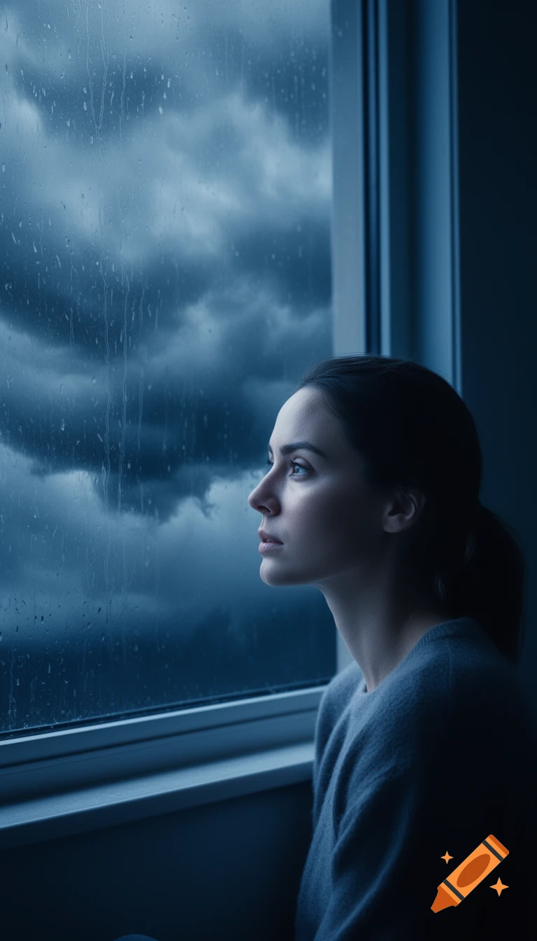 A woman with a reflective expression looks out a window at a stormy sky with rain sliding down the glass, in soft blue lighting.