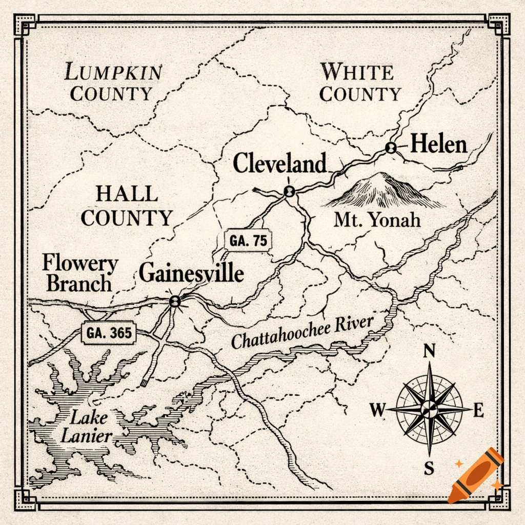 Vintage black and white map of North Georgia showing counties, towns, roads, rivers, Lake Lanier, and Mount Yonah, with a compass rose.