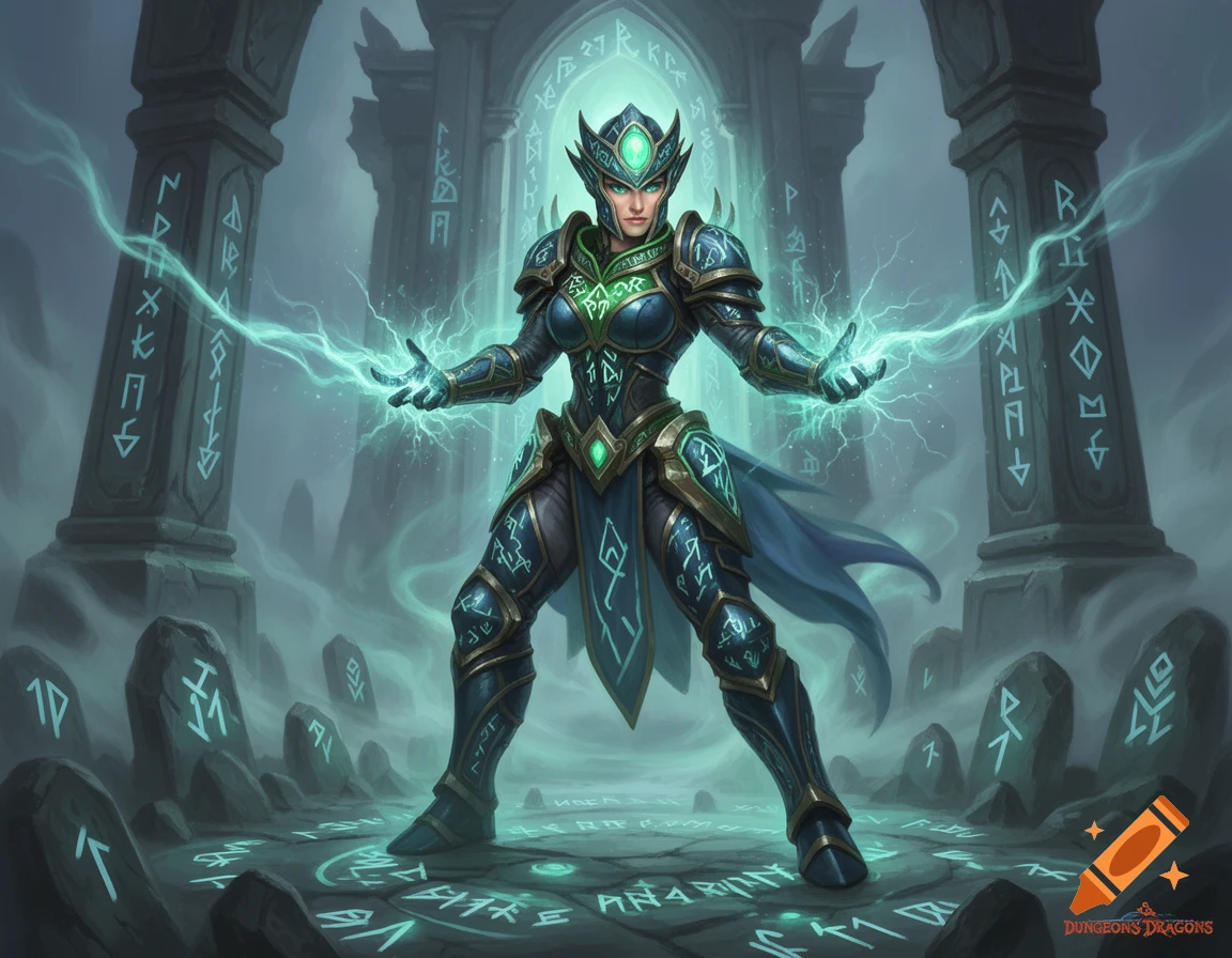 A female arcane guardian in ornate green and blue armor casts glowing spells amidst rune-covered ancient ruins in a fantasy style.